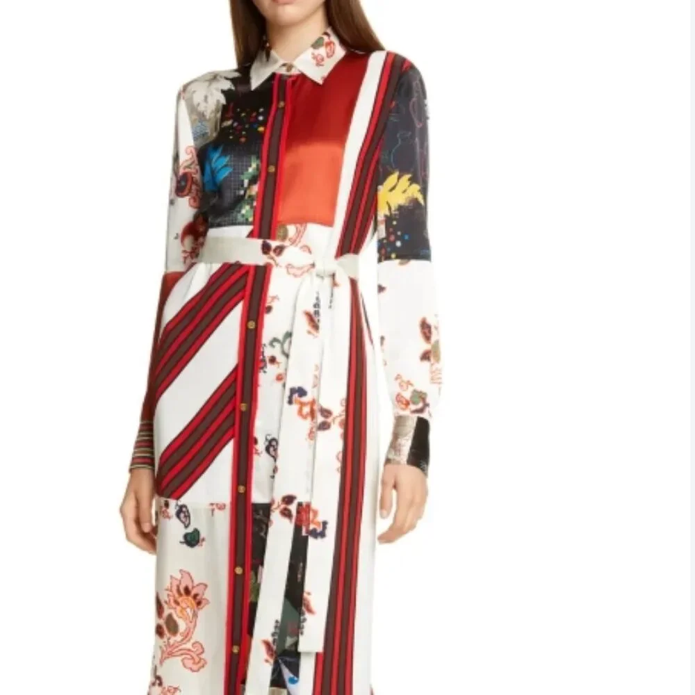 NWOT Tory Burch Printed Patchwork Silk-blend Shirt Midi Dress XS $628